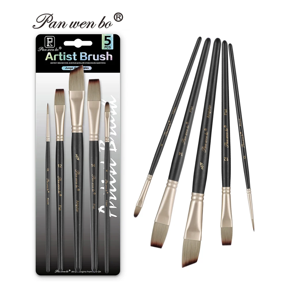 Panwenbo 5pcs Flat Angular And Liner Drawing Brush Professional Artist Paint Brush Set For Artist Painting