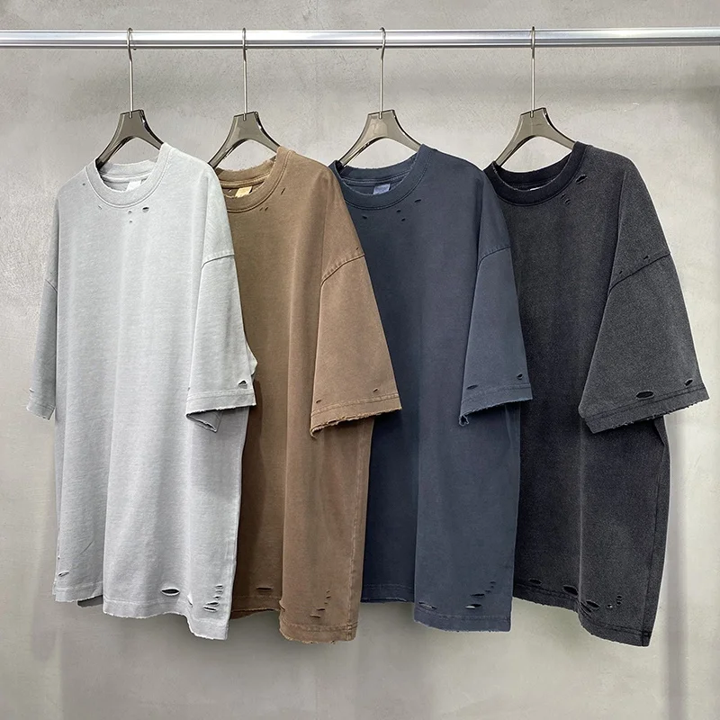 Acid Washed Distressing T Shirt Distressed Tshirt Heavyweight Hip Hop Stone Oversized Custom Vintage Customized Men Jersey Blank