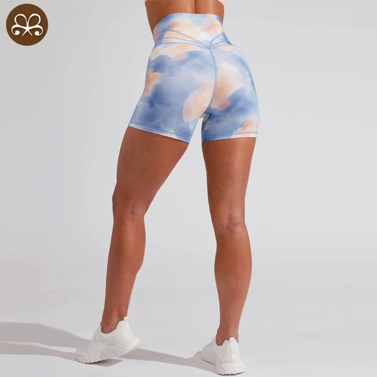 Wholesale custom V waistband no front seam custom gym sports tie dye biker shorts