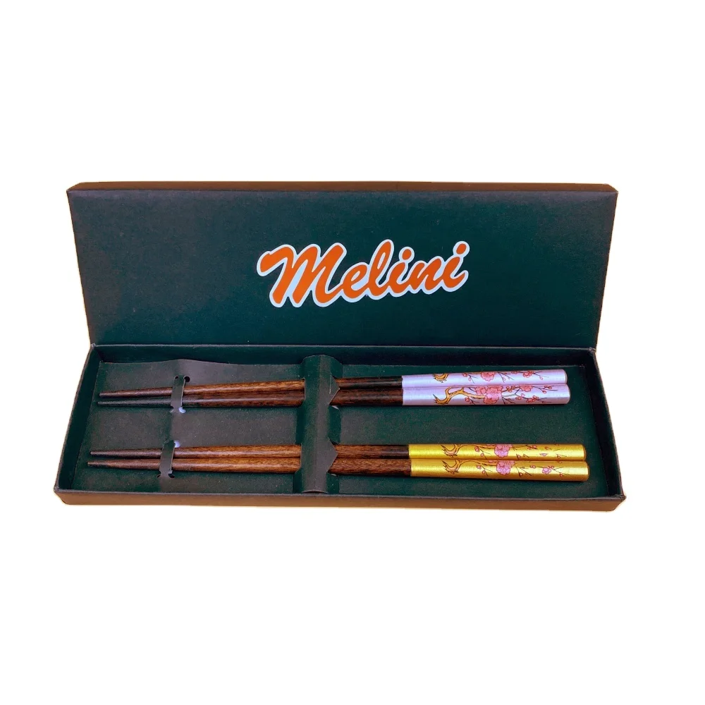 Hot Quality Custom Reusable Plum Blossom Design 2 Pairs Wooden Pink And Golden Chopsticks Set