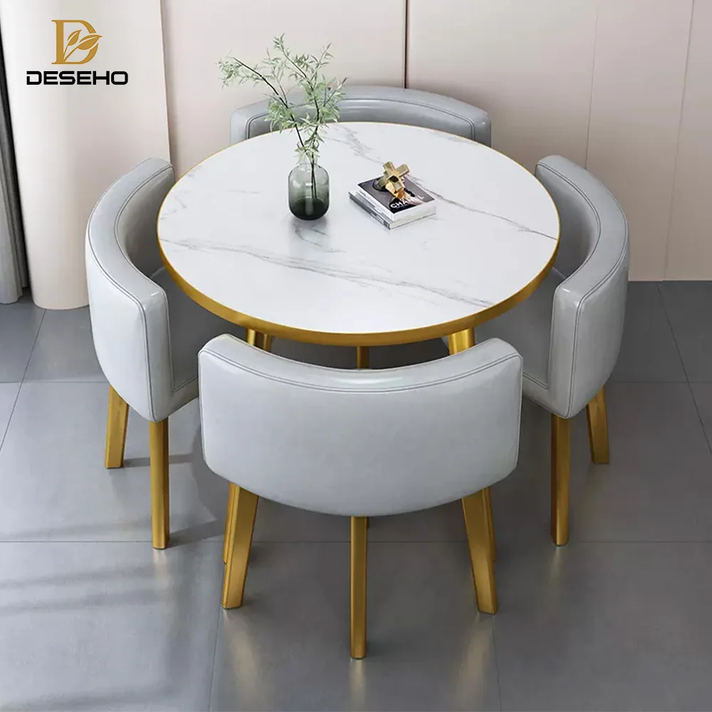 Gold Nordic Dining Table Set With Four Wood Seater Chairs Restaurant Home Dine Room Luxury Modern Marble Round Dining Tables