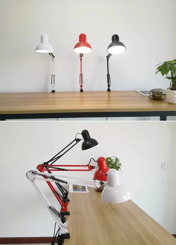 Silver Clip Lamp Eye-Caring Metal Swing Arm Drafting Table Lamp Clamp On Desk Reading Light