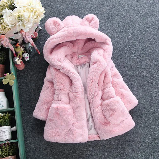 Новое модное зимнее пальто для маленьких девочек с капюшоном с кроличьими ушками из искусственного меха флиса на молнии теплая верхняя одежда для детей