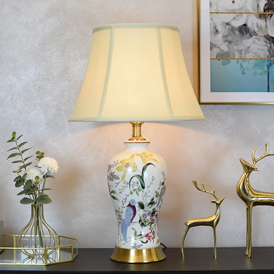 Домашний прикроватный фарфоровый светильник в китайском стиле с изображением птиц Керамические настольные лампы абажуром из ткани