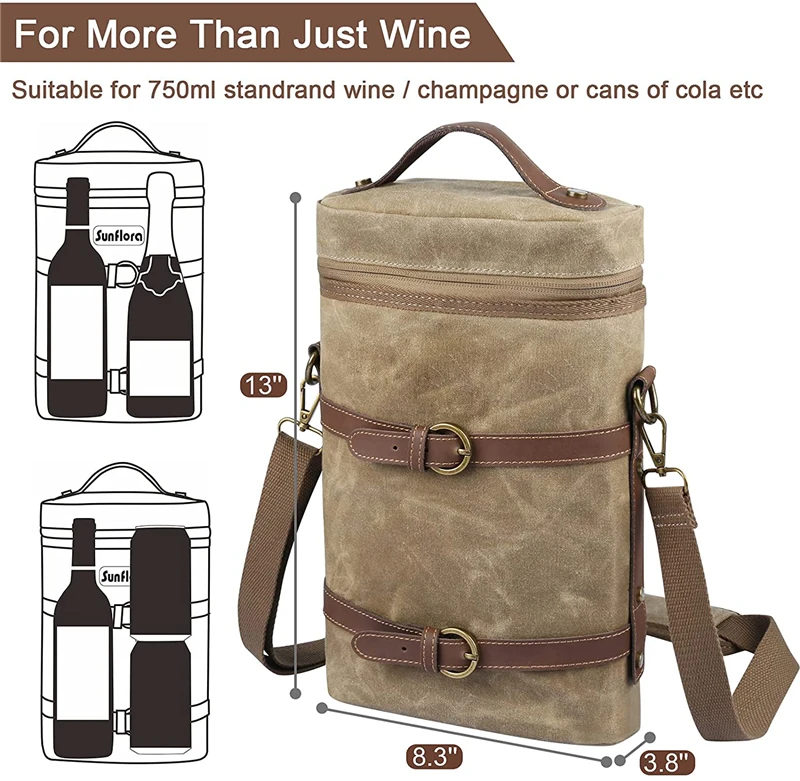 Custom Distressed Waxed Canvas Wine Tote Gift Bag Picnic 2 Bottle Insulated Wine Bag luxury wine bottle bag