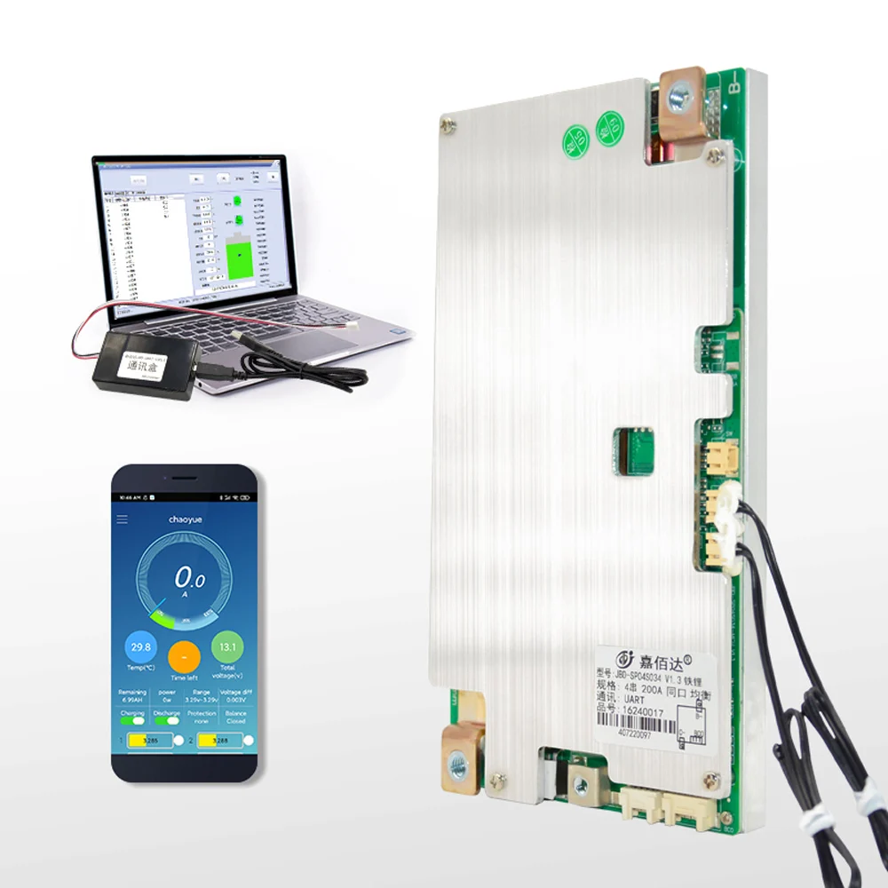 JiaBaiDa PC APP Communication 3S 4S 12V LiFePO4 Smart BMS 100A 120A 150A 200A with UART RS485 Heating for Lithium Battery Packs