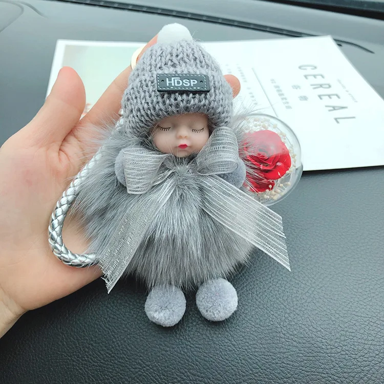 Korean New Cute Soft Puff Ball Doll Key Chain Wholesale Plush Sleep Baby Keychain with Bow Flower (KC273-1C)