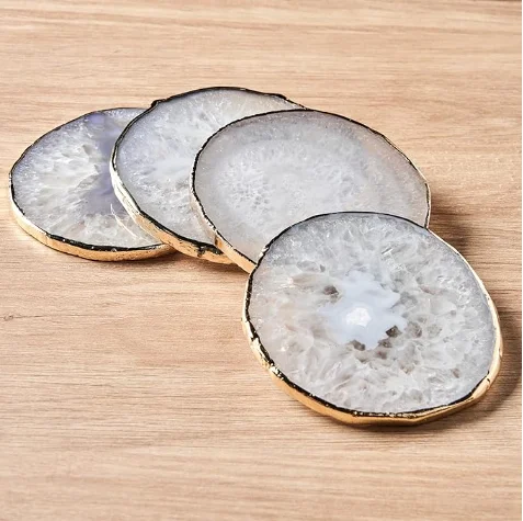 Best Selling Natural Agate Rounded Serving Coaster Set With Plated Table Top Decor Cup Coaster