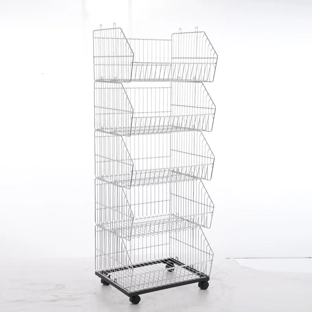 Supermarket metal retail stackable wire basket display rack stackable wire beveled basket