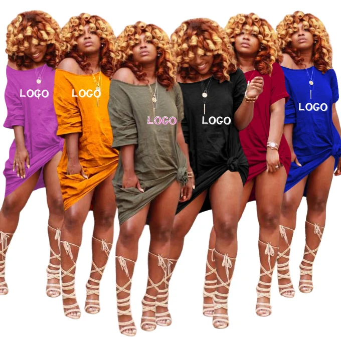 Custom 2022 Summer Women Pure Color Cold Shoulder Short Sleeve Casual T Shirt Dress Women Clothes