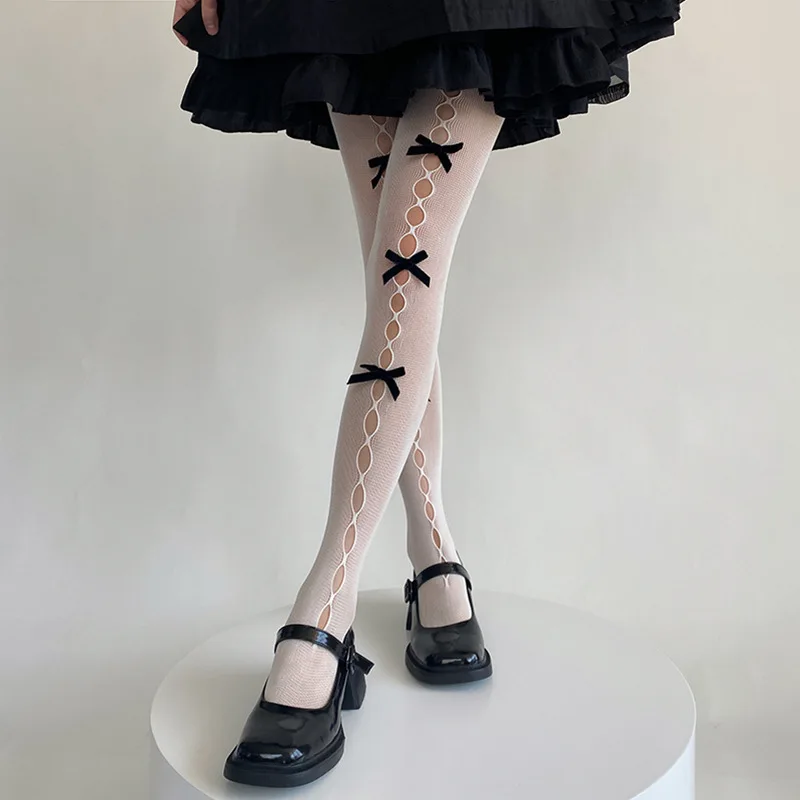 Peeqi L059 Ins stylish sweet women stockings plaid velvet bow cutout mesh see through pantyhose sexy butterfly stockings women