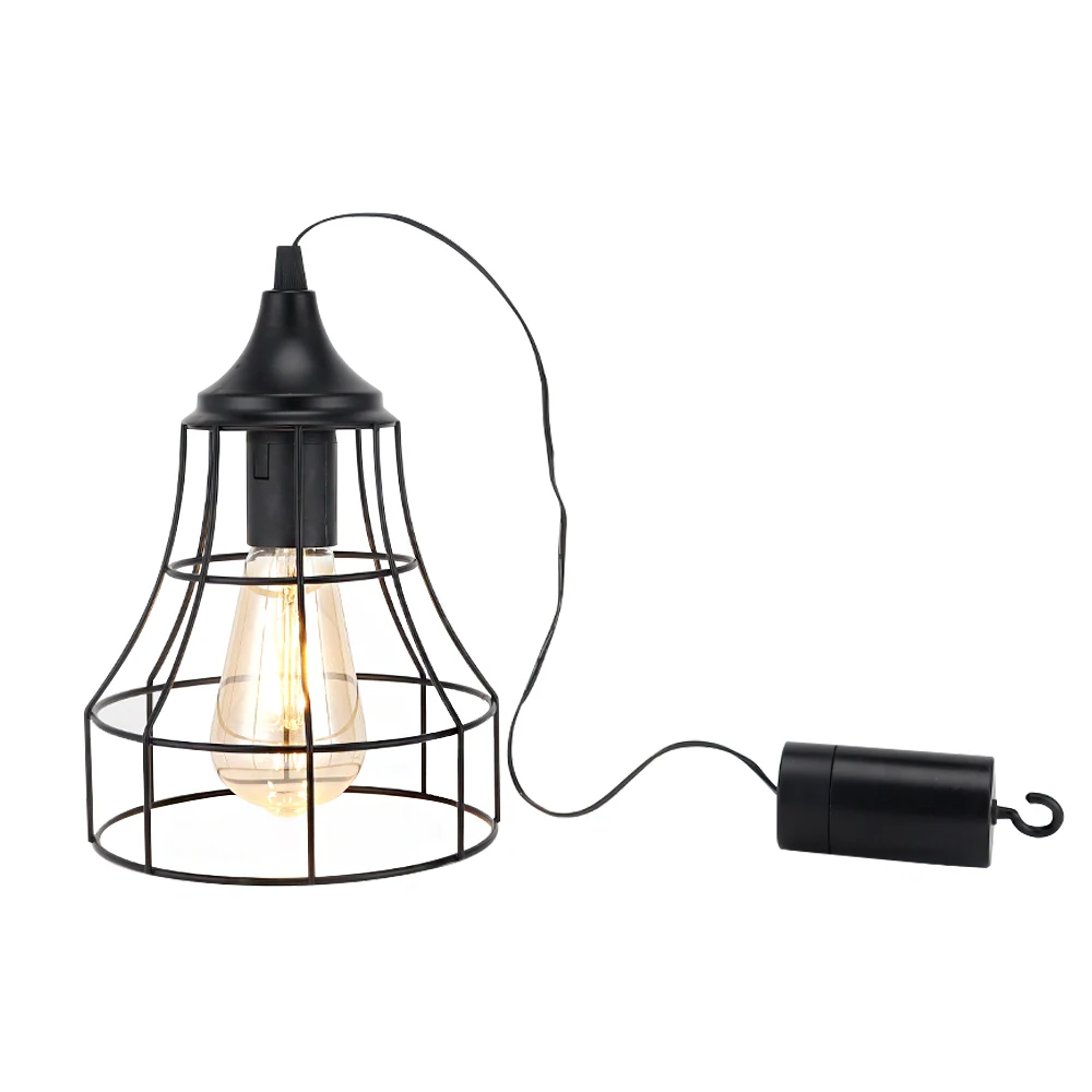 Hanging Lamp Black Battery Powered Decorative Pendant Lamp Metal Cage Battery Lamp with 6 Hours Timer for Bar Bedroom