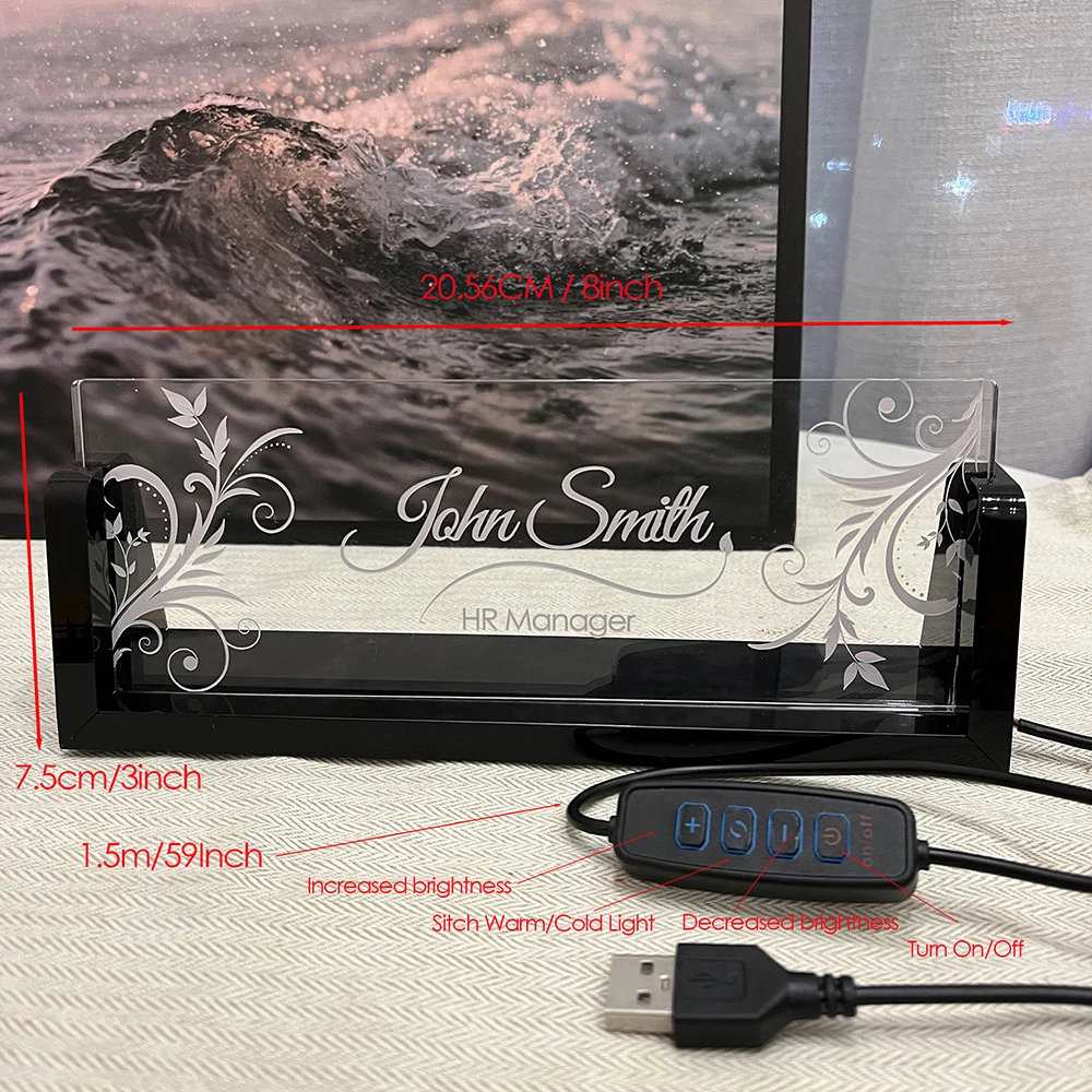 Personalized Lighted Acrylic Nameplate with LED Desk Name Plate with Wooden Base Office Gifts for Boss Coworker Desk Accessories