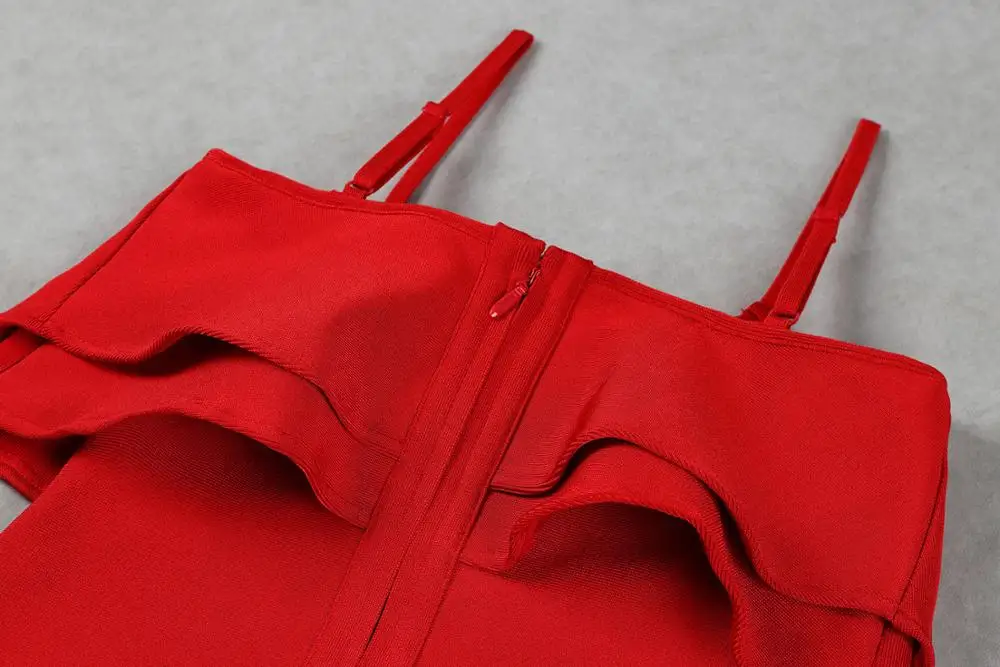 Elegant Red Ruffle spaghetti Strap Bodycon Bandage Dress Celebrity Party Casual Mini Dress For Wholesale & Retail