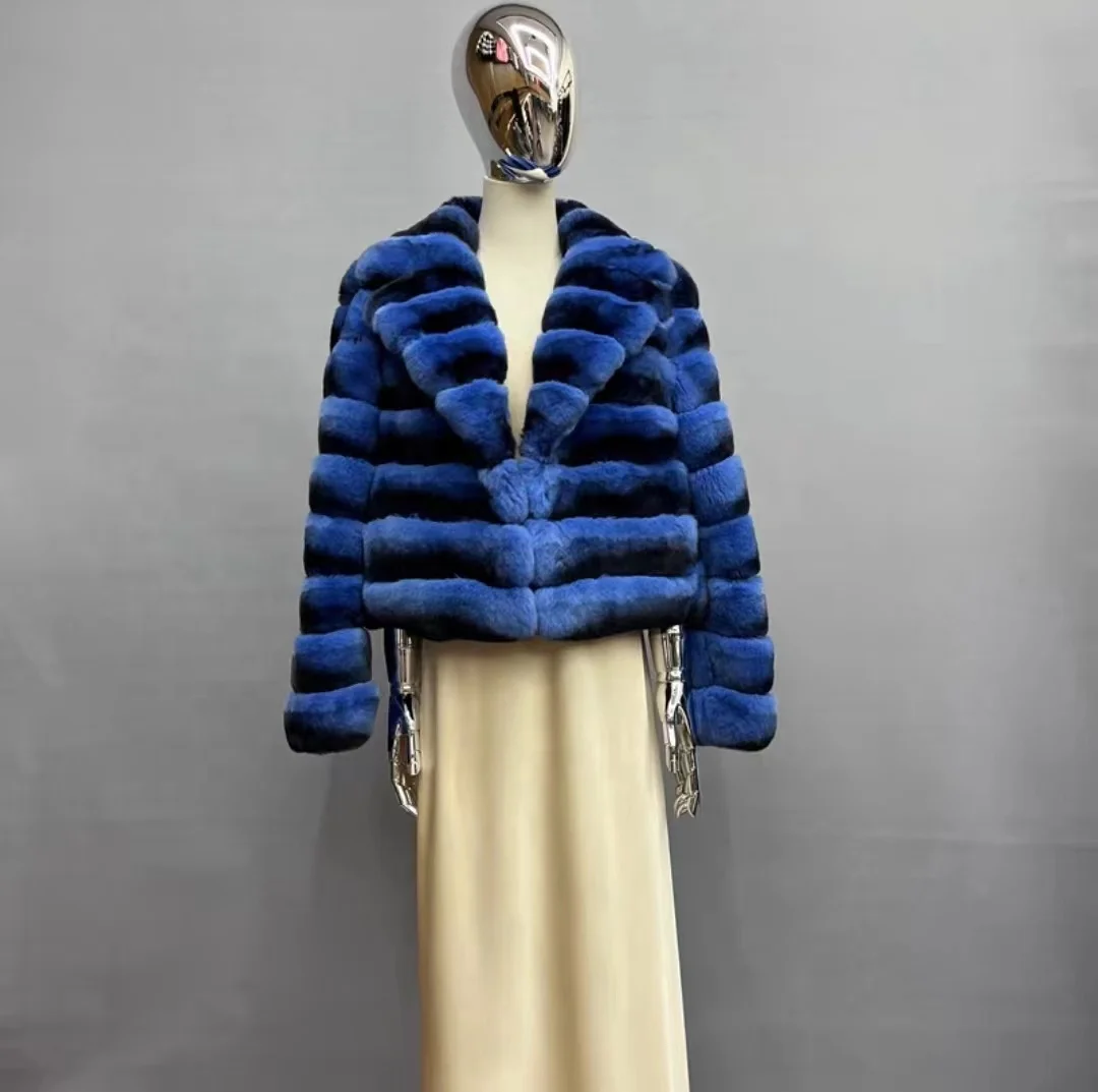 Russia  Style   Rex    Chinchilla  fur  coat  dyed  Color   Winter fur  coat    Women Warm   fur  coat