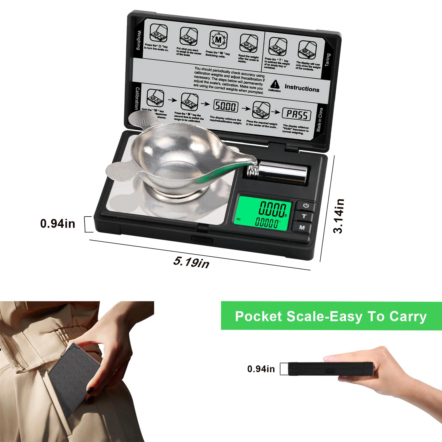Digital Pocket Jewelry Gram Scale 50g/0.001g Highly Accurate Milligram Scale Dual Readout Display Weighing Jewelry Powder Gold