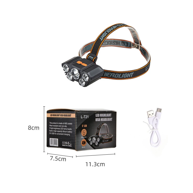 Helius New Wholesale High Quality Plastic Built-in 18650 USB Rechargeable 5 LED Strong Light Multi-function Headlamps