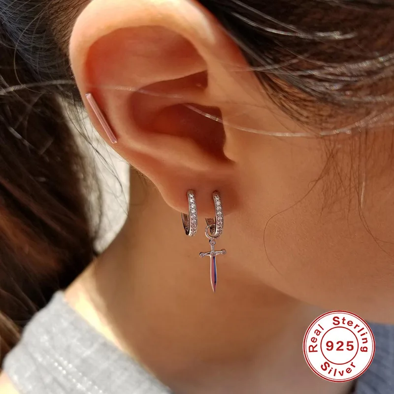 new arrival gold plated 925 sterling silver sword dagger hoop earrings custom zircon earrings for women