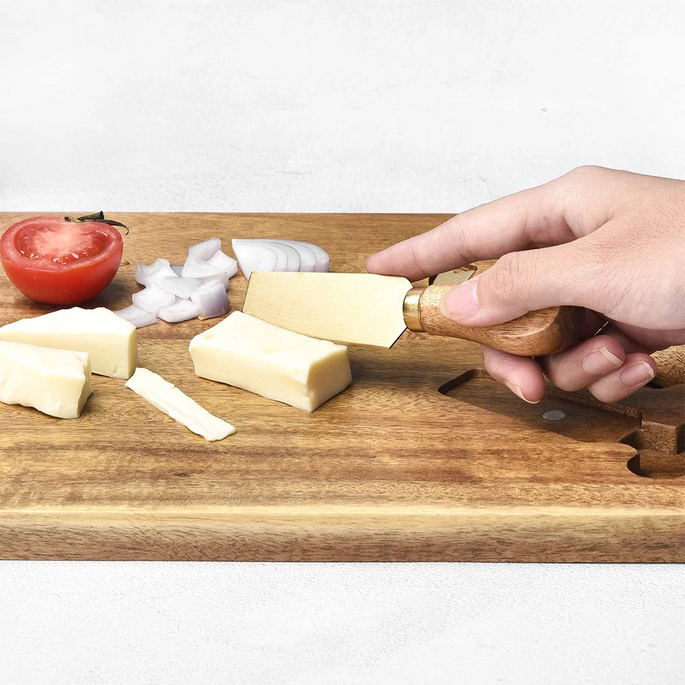 Wood Cheese Boards Set Knife Natural Acacia Serving Platter Cheese Acacia Cutting Board Set with Knives