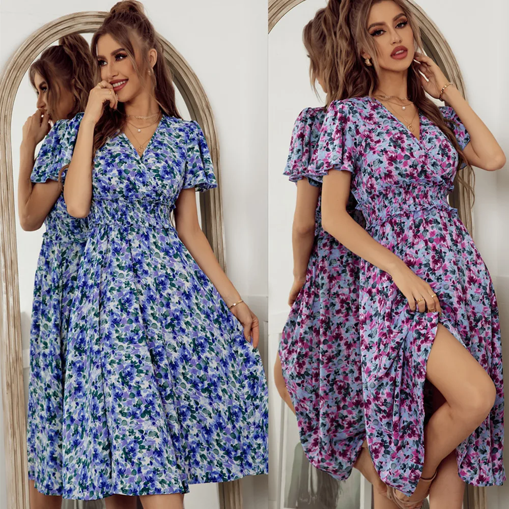 customized New Arrival Casual Bohemia Print V Neck Ruched High Waist HemDress Women Simple Holiday Sandbeach Dresses Ladies