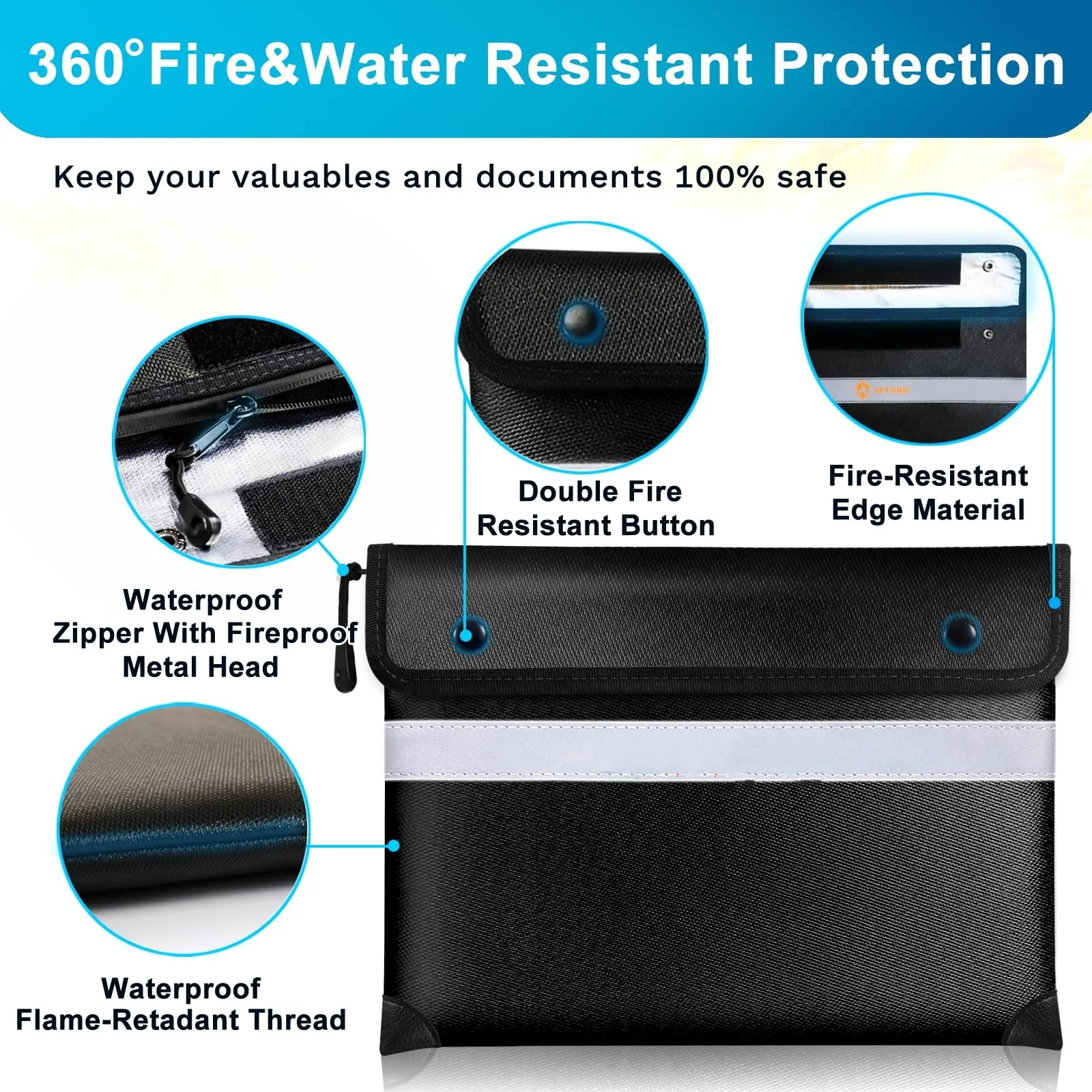 Upgraded 5200F Fireproof Document Bag Heat Insulated Reflective Strip for Fast Find Water Resistant Fireproof Money Bag