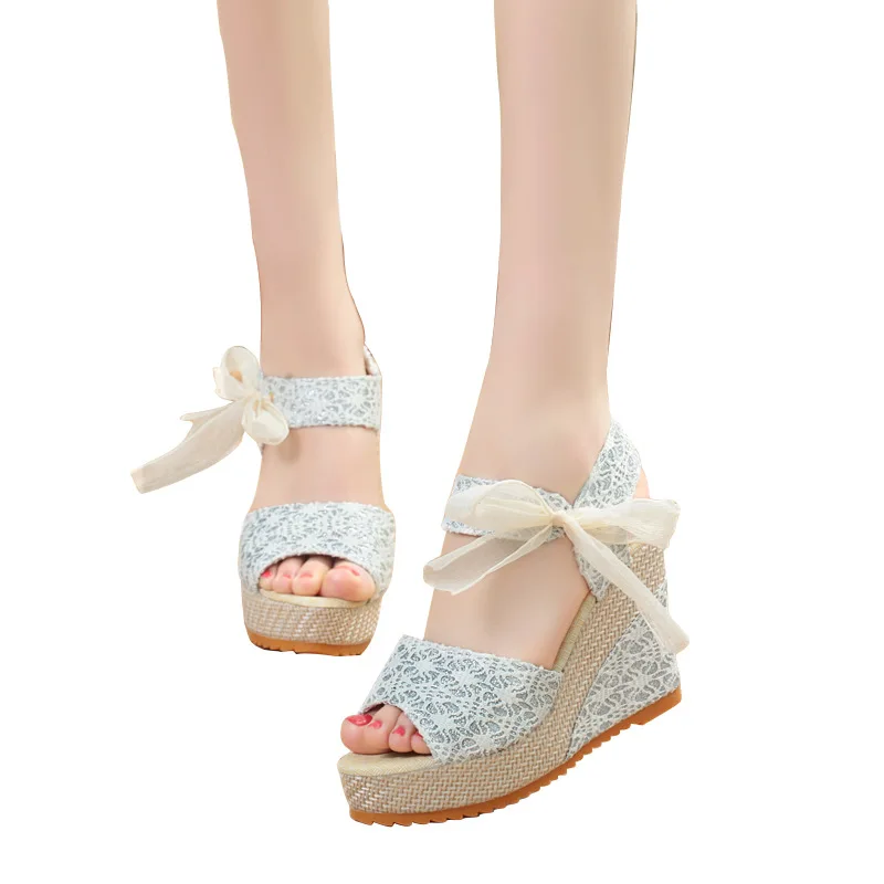 Party Platform High Heels Shoes Woman Hot Lace Summer Women Sandals Leisure Wedges Heeled Women Shoes Customized Rubber Female