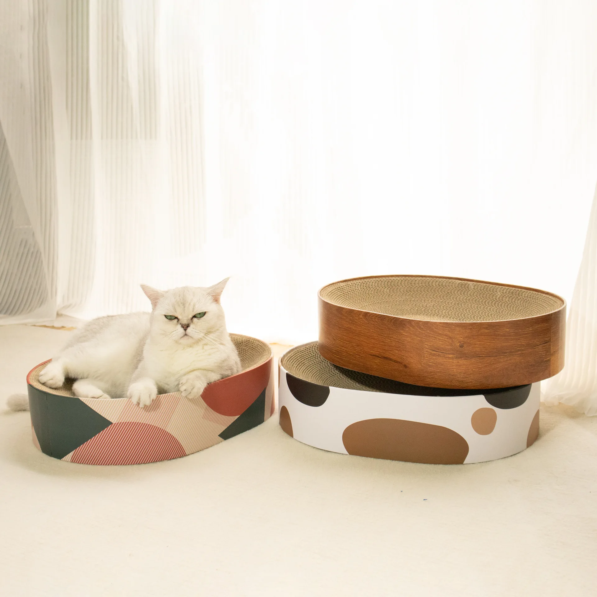All-in-One Corrugated Oval Cat Scratching Nest Wood Bed with Claw Grinder and Scratching Basin Toys for Cat Pet Supplies