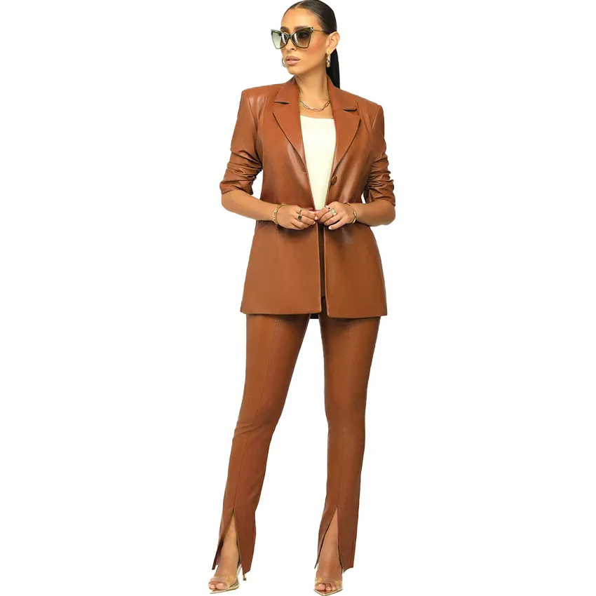 Latest Design Long Sleeve PU Leather Blazers Set For Women Two Piece Pants Set Women Formal Work OL Ladies Suits