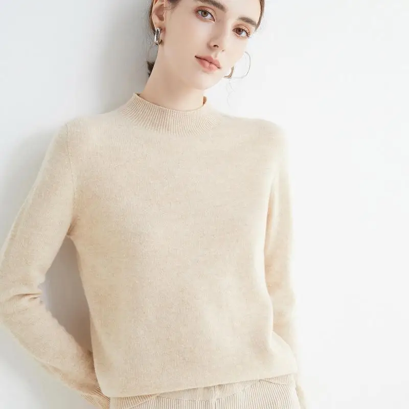 100% Merino Wool Sweater Cashmere Knit Custom Ladies Sweaters Gray Color Army Turtleneck Women Sweater