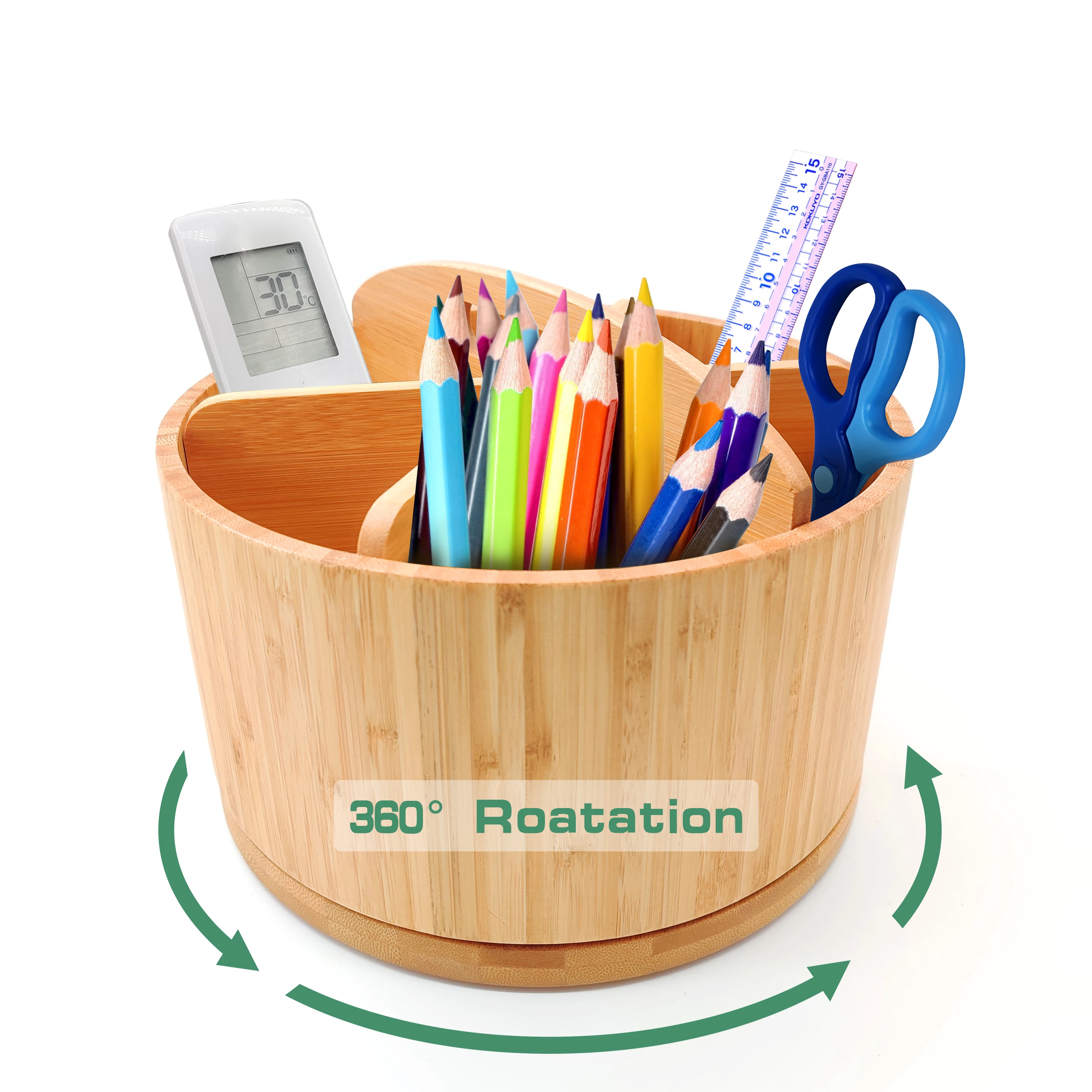 Bamboo Desk Organizer Cosmetics storage Rotating Pencil Pen Holder with 6 Compartments