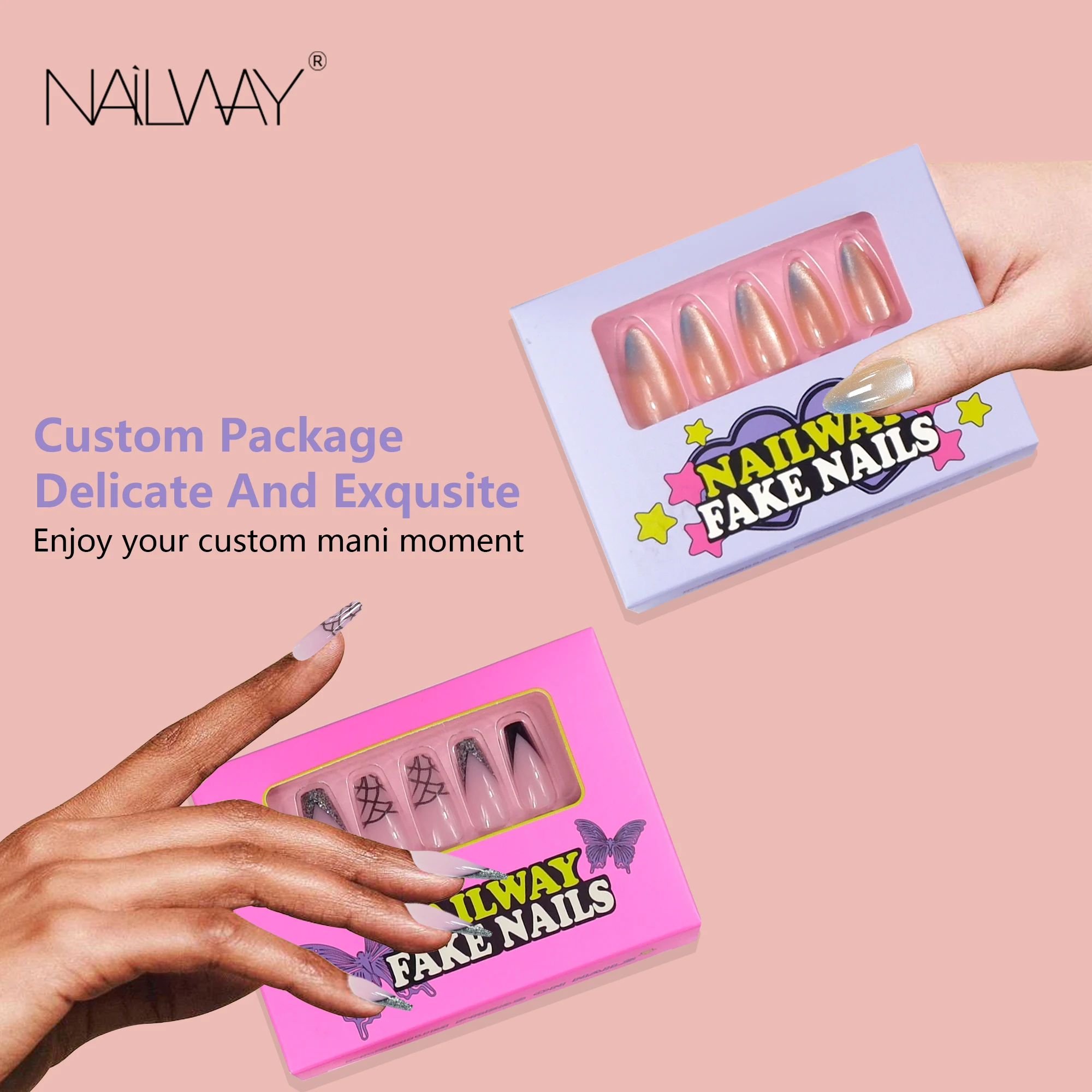 Reusable Hardness Wholesale Custom Fake Nails 24 pcs Medium Long Coffin Almond Press On Nails