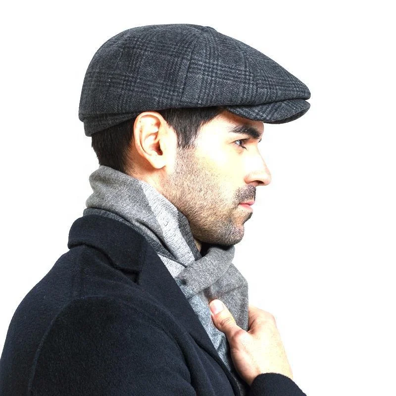 Men Wearing Black Grey Wool Fabric Irish Beanie Beret Cap Ivy Newsboy Hat