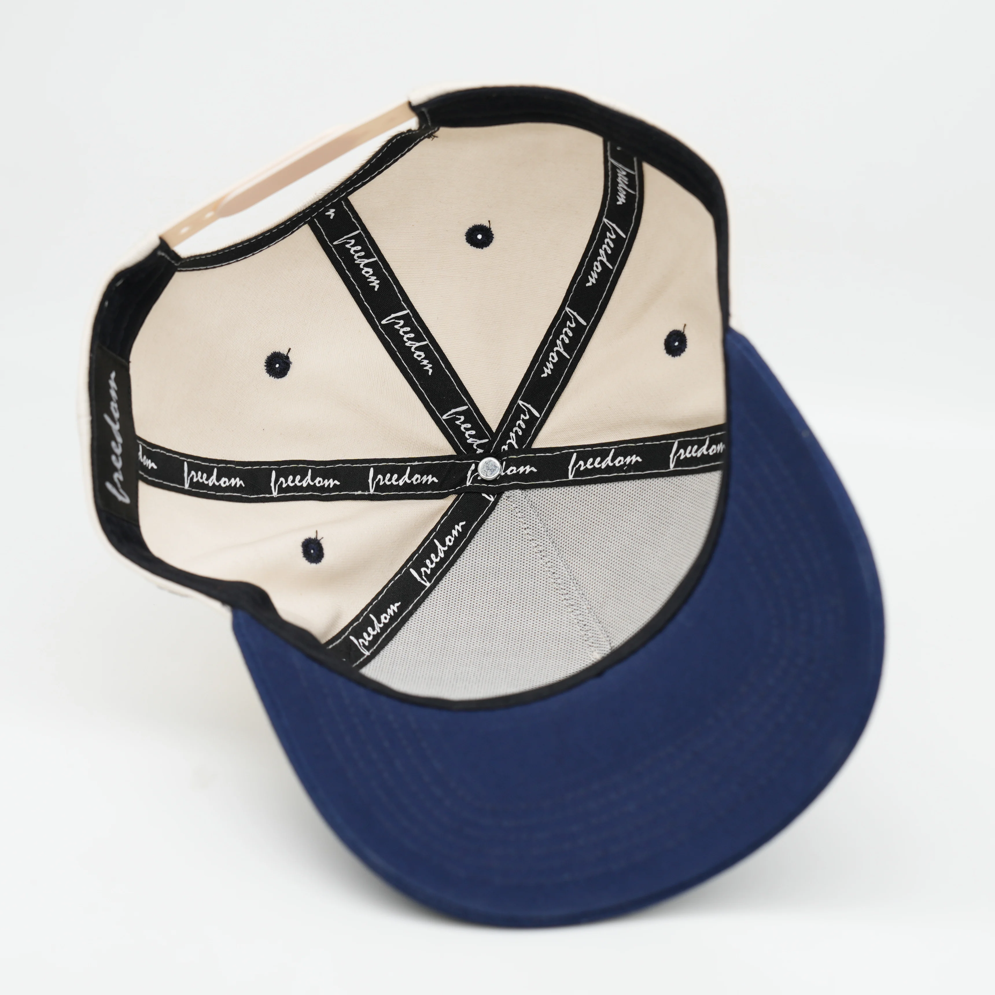 Oem Custom High Quality 5 Panel A Frame 3d Embroidery Logo Navy Beige Color Two Tone Baseball Cap Snapback Hat For Man
