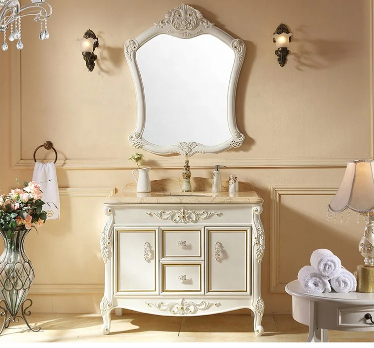 French style vertical Floor Mounted bathroom cabinet White design mdf bathroom vanity  with sink