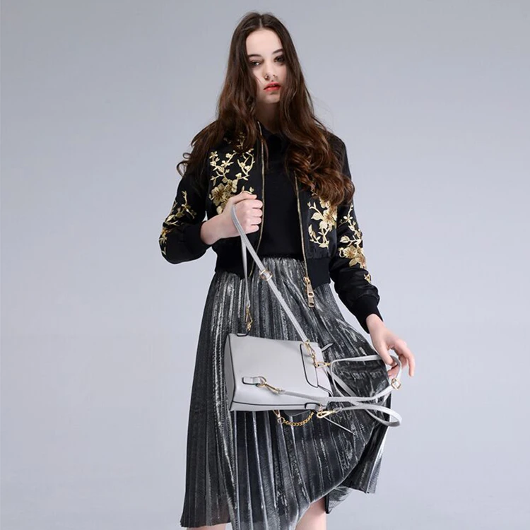 Custom Black Satin Bomber Jacket Women Winter Golden Embroidered Jacket Wholesale