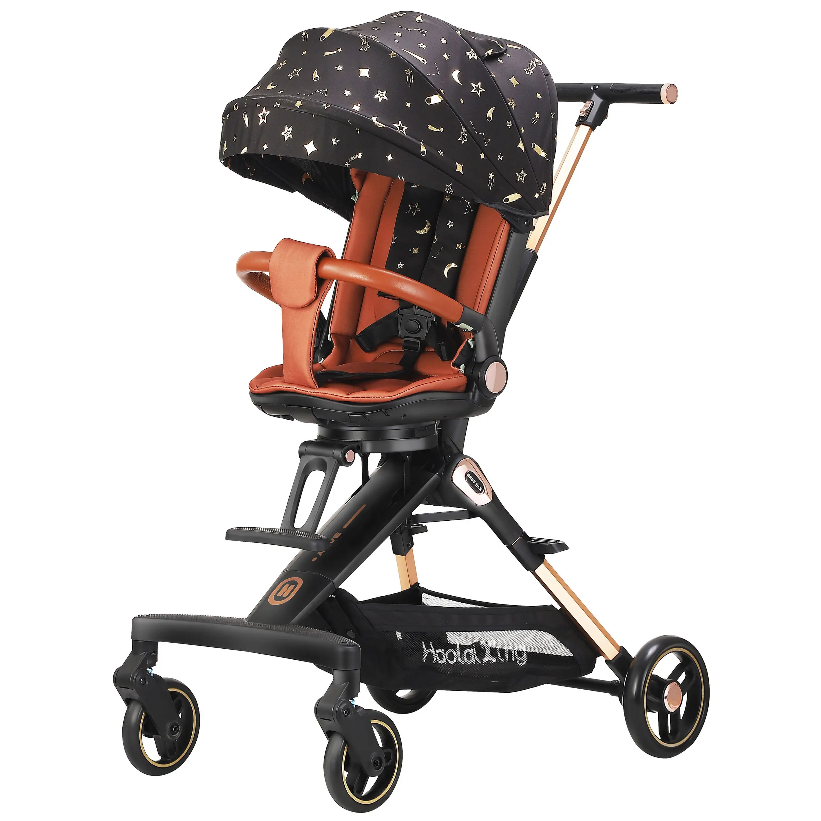 Lightweight 2-in-1 Alloy Frame Buggy Pram for 3-Year-Olds Adjustable Handle Portable Linen Fabric Foldable Car with Rattan Trim