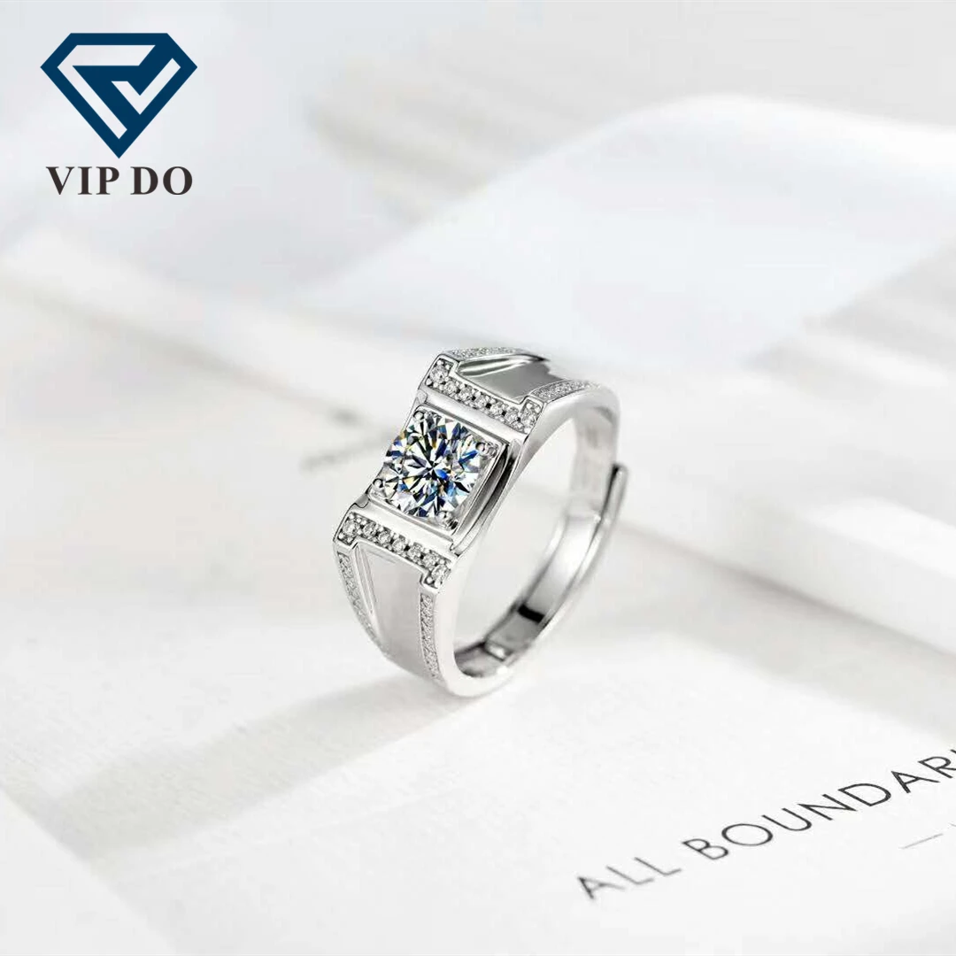 Factory wholesale S925 sterling silver setting round brilliant cut Moissanite diamond men ring size adjustable 4claw style