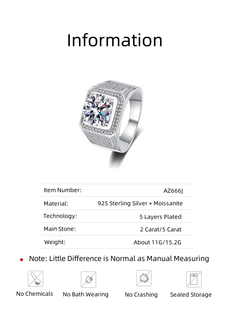 Luxury Hip Hop Fine Jewelry S925 Sterling Silver Diamond Promise Ring D Color VVS1 2CT 5CT Moissanite Wedding Ring for Men Only