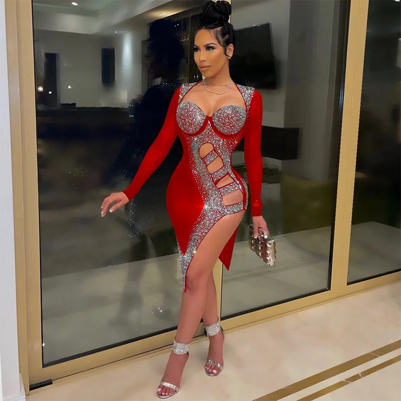 European and American summer sexy hot diamond see-through bag hip irregular dress women