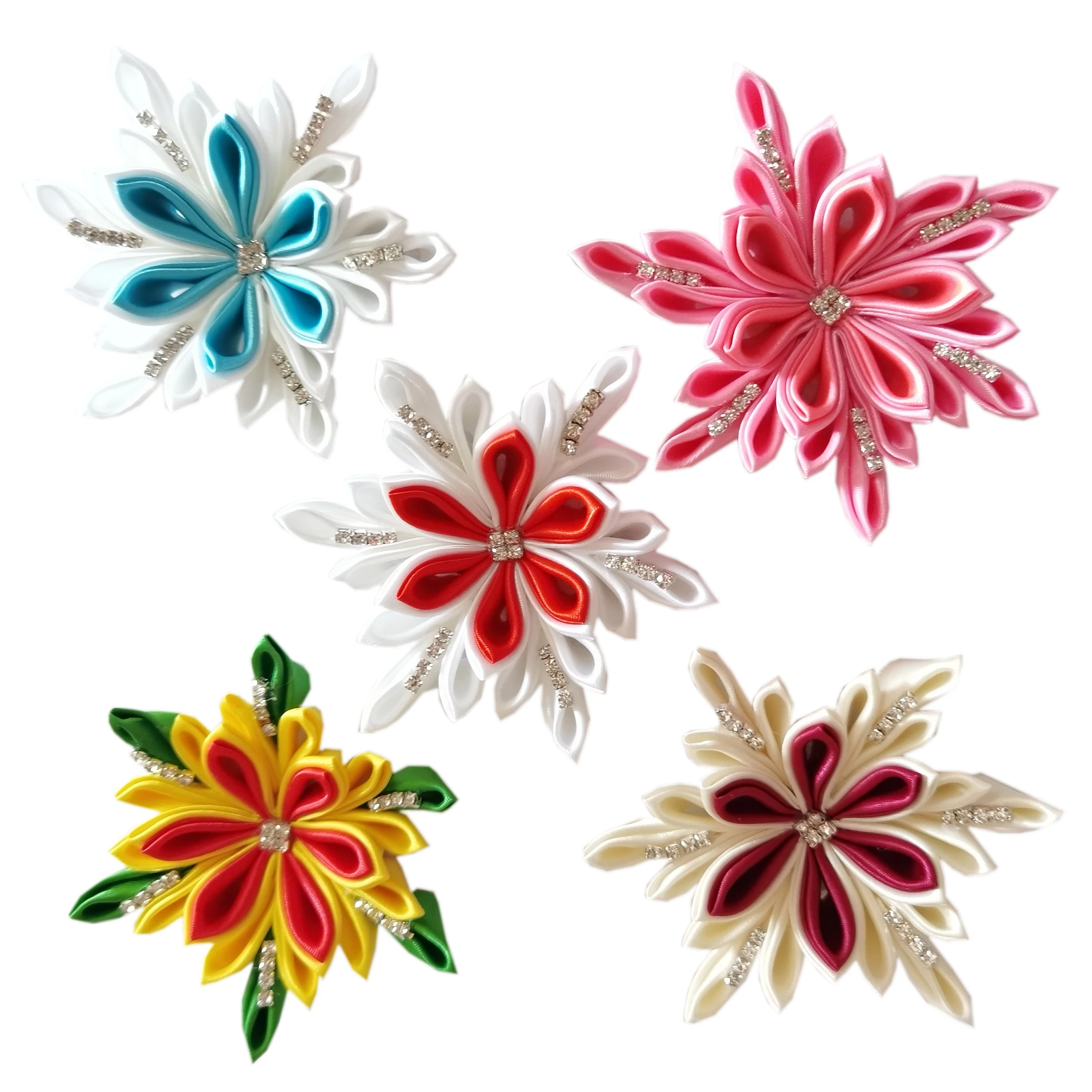 Red White Satin Flower with Rhinestone Pearl Barrettes Alligator Hair Bow Clips Pins Wholesale Hair Accessories for Baby Girls