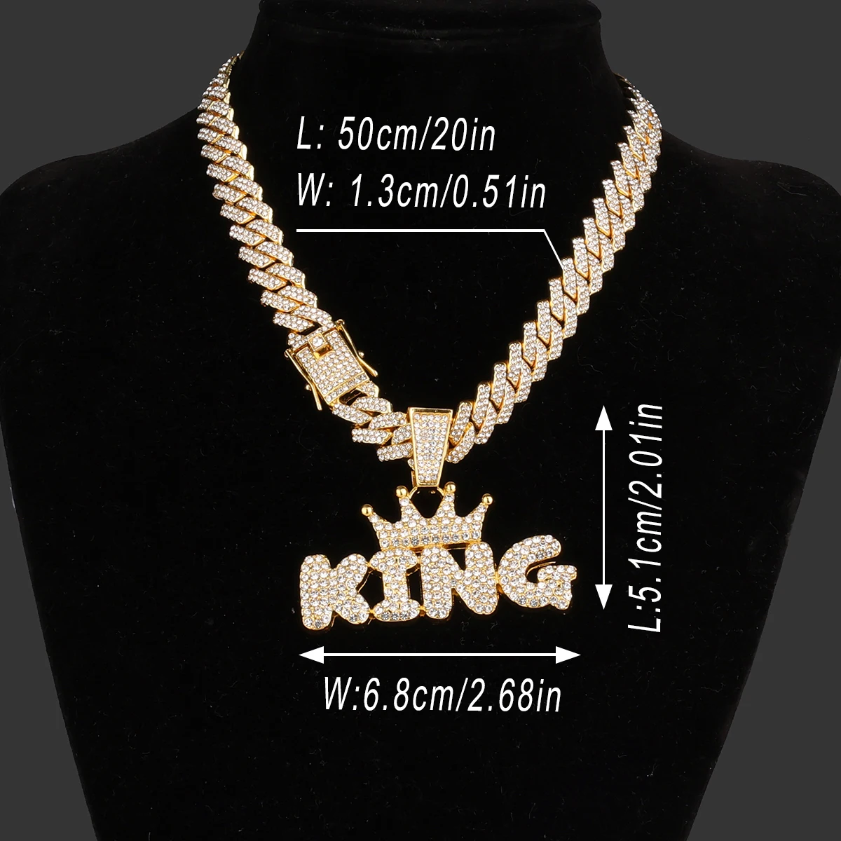 Hip Hop Crown with King Pendant Chunky Iced Out Pendant Chain Cuban Link Necklace for Men Bling Rapper Gifts Fashion Accessory