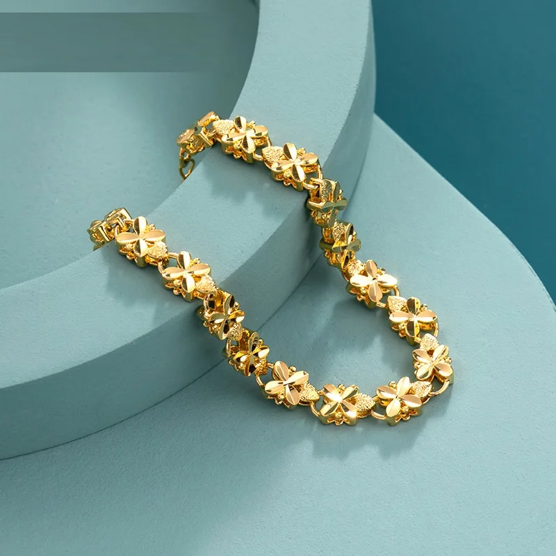 Unisex  Link women 24 k gold chain Bracelet flower with leaf  heart Waterproof Adjustable Bracelet for Men Jewelry