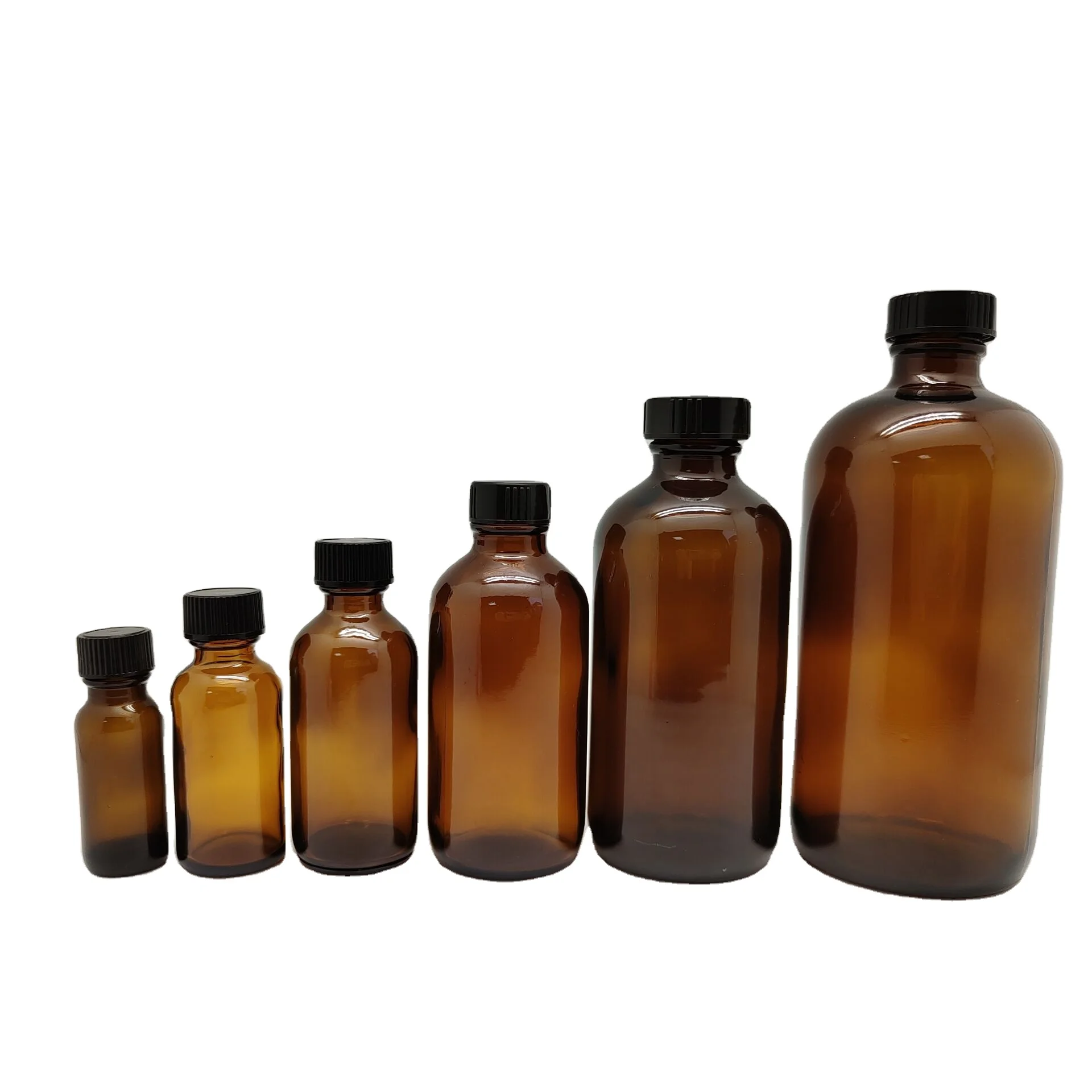 Ready to ship 1/2oz 1oz 2oz 4oz 8oz 16oz 32oz Empty Amber Glass Round Boston Bottles For Essential oils