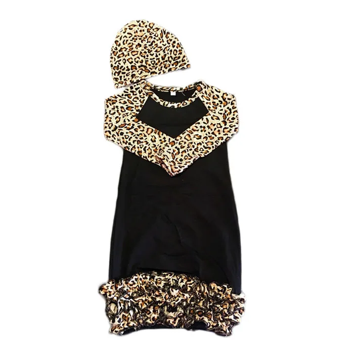 Soft Leopard Print Long Sleeve Newborn Sleep Gown Infant Baby Icing Ruffle Gowns And Hat Set