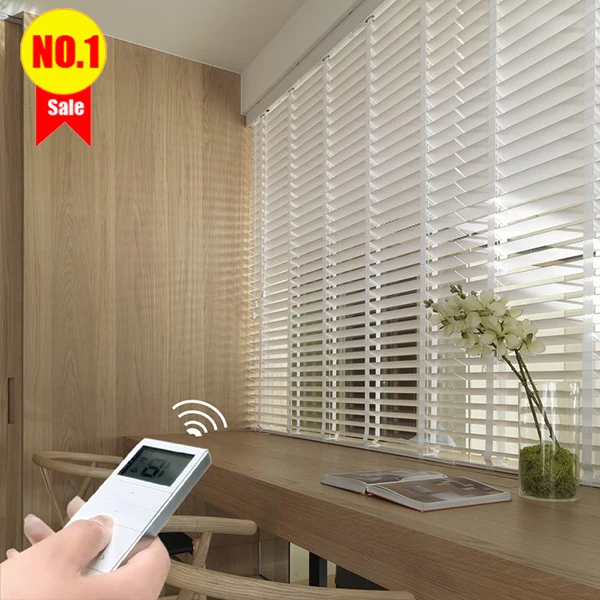 Smart control battery room darkening wood blindssmart automatic electronic motorised mini window wood venetian blinds shades