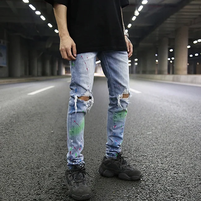 OEM fog vintage splash ink graffiti paint pants skinny jeans men distressed ripped jeans blue casual pants stock dropshipping
