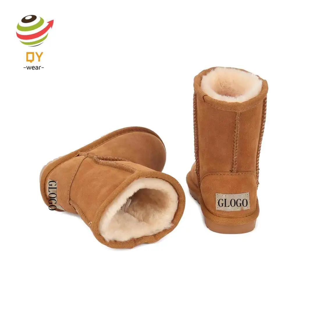 QY1022 2024 Custom GLOGOGenuine Cowhide Snow Boots Winter Baby Soft Warm Cotton Shoes With Plush Boys Girls women