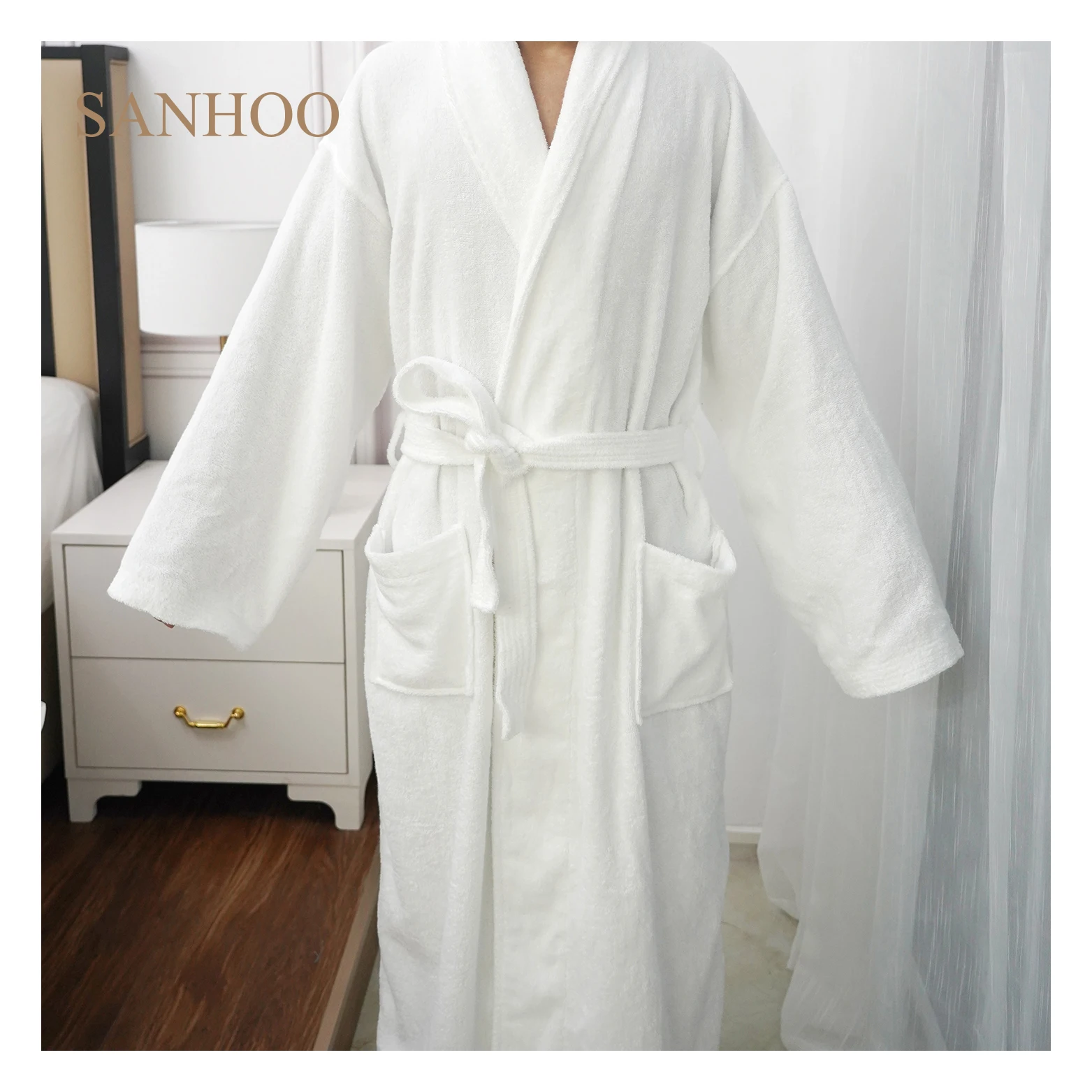 SANHOO Custom 5 Star Hotel Luxury Spa Velour Bath Robe 100% Cotton Bathrobe With Terry Toweling Inner