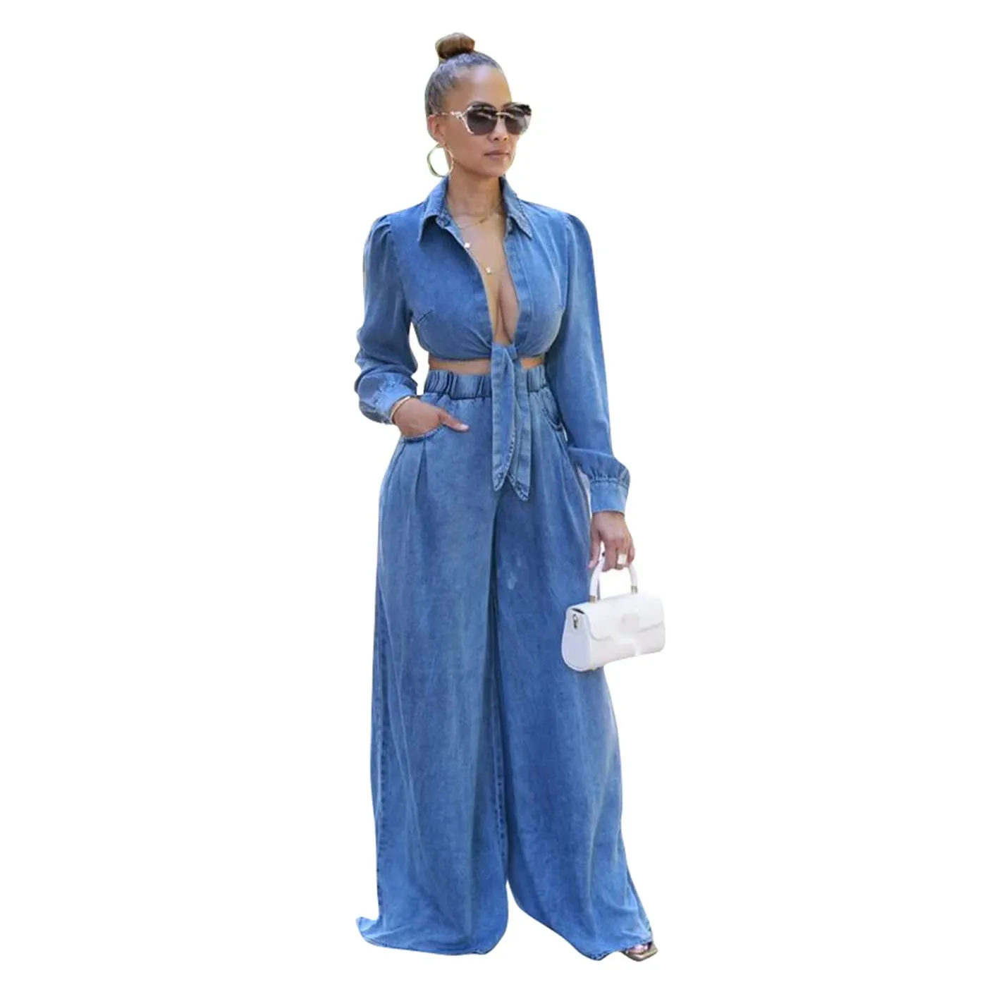 TS1314 Casual Wide Leg Pants Denim Two Piece Set