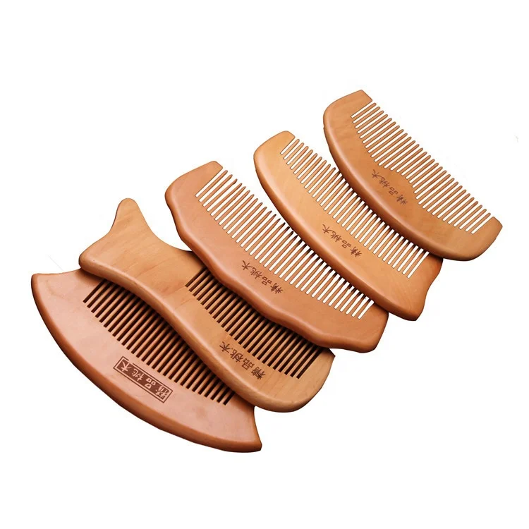 Custom Logo Wide Tooth Natural Bamboo Peach Wood Beard Comb Wooden Travel Hair Small Pockets Comb With handle